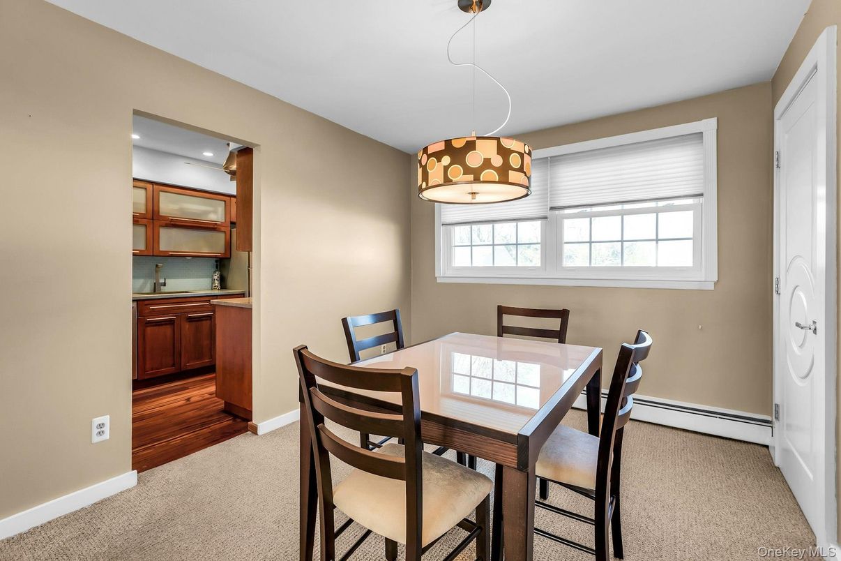 Dining room, Interior, Pendant Lights, Recessed Lighting, Wood Texture Flooring
