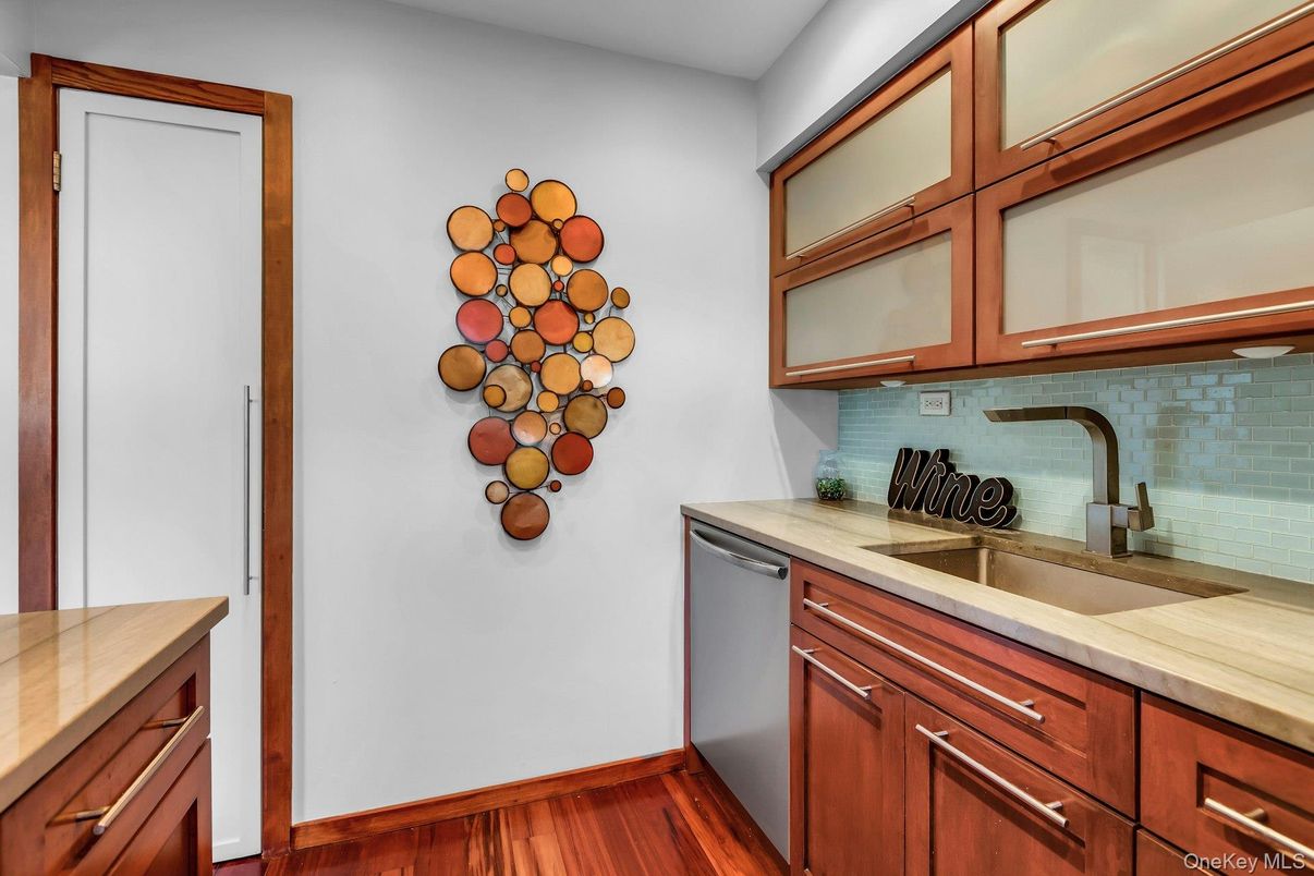 Interior, Kitchen, Tile Countertops, Wood Texture Flooring