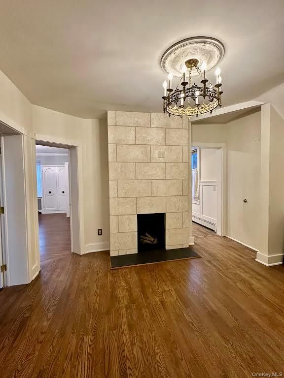 Chandelier, Empty room, Fireplace, Interior, Stone Walls, Wood Texture Flooring