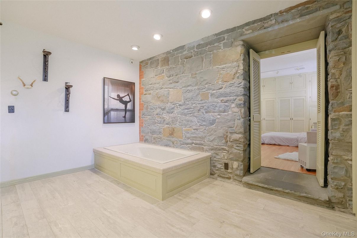 Bathroom, Interior, Recessed Lighting, Stone Walls, Wood Texture Flooring