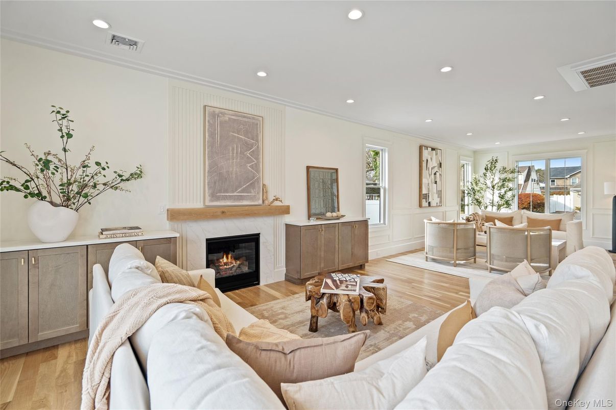 Fireplace, Interior, Living room, Recessed Lighting, Wood Texture Flooring