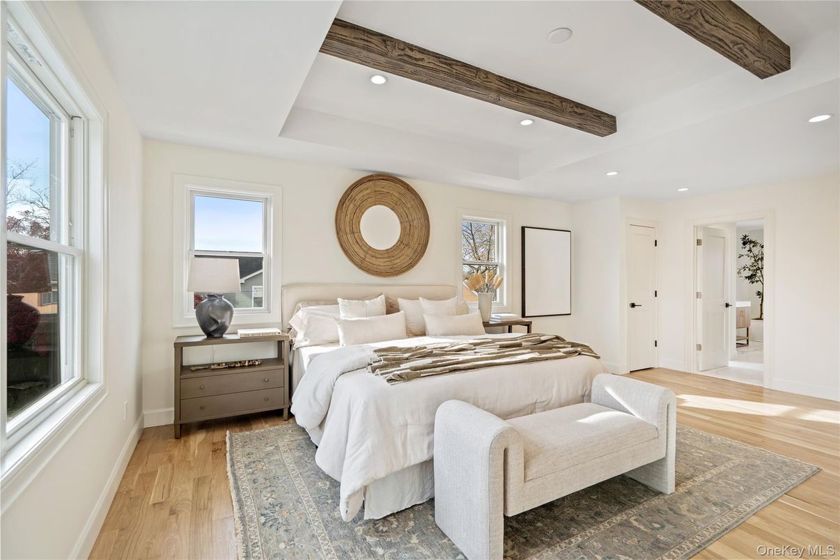 Bedroom, Interior, Recessed Lighting, Wooden Beams, Wood Texture Flooring