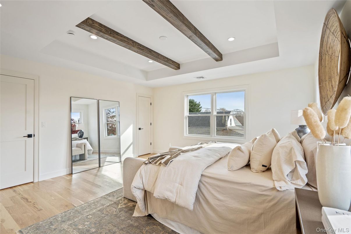 Bedroom, Interior, Recessed Lighting, Wooden Beams, Wood Texture Flooring
