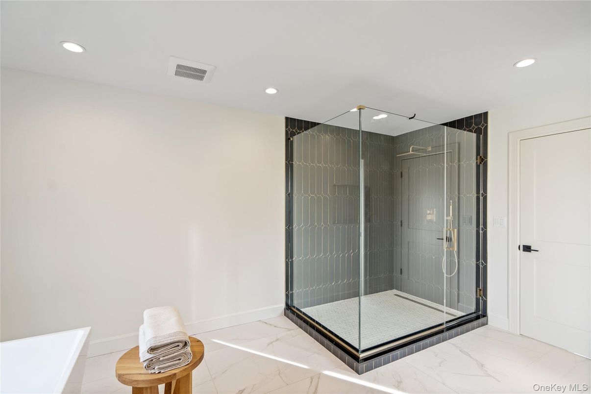 Bathroom, Glass Shower, Interior, Marble, Recessed Lighting