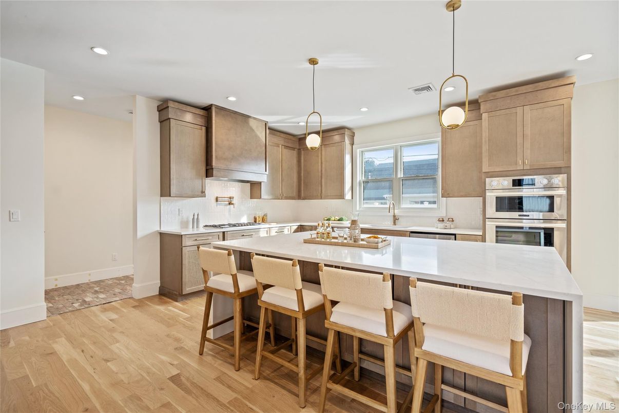 Interior, Kitchen, Pendant Lights, Recessed Lighting, Stainless Steel Appliances, Water, Wood Texture Flooring