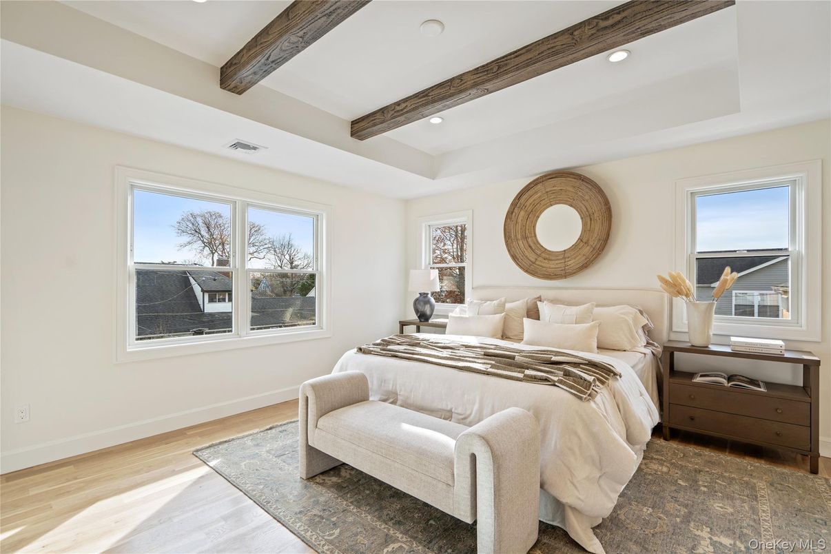 Bedroom, Interior, Recessed Lighting, Wooden Beams, Wood Texture Flooring