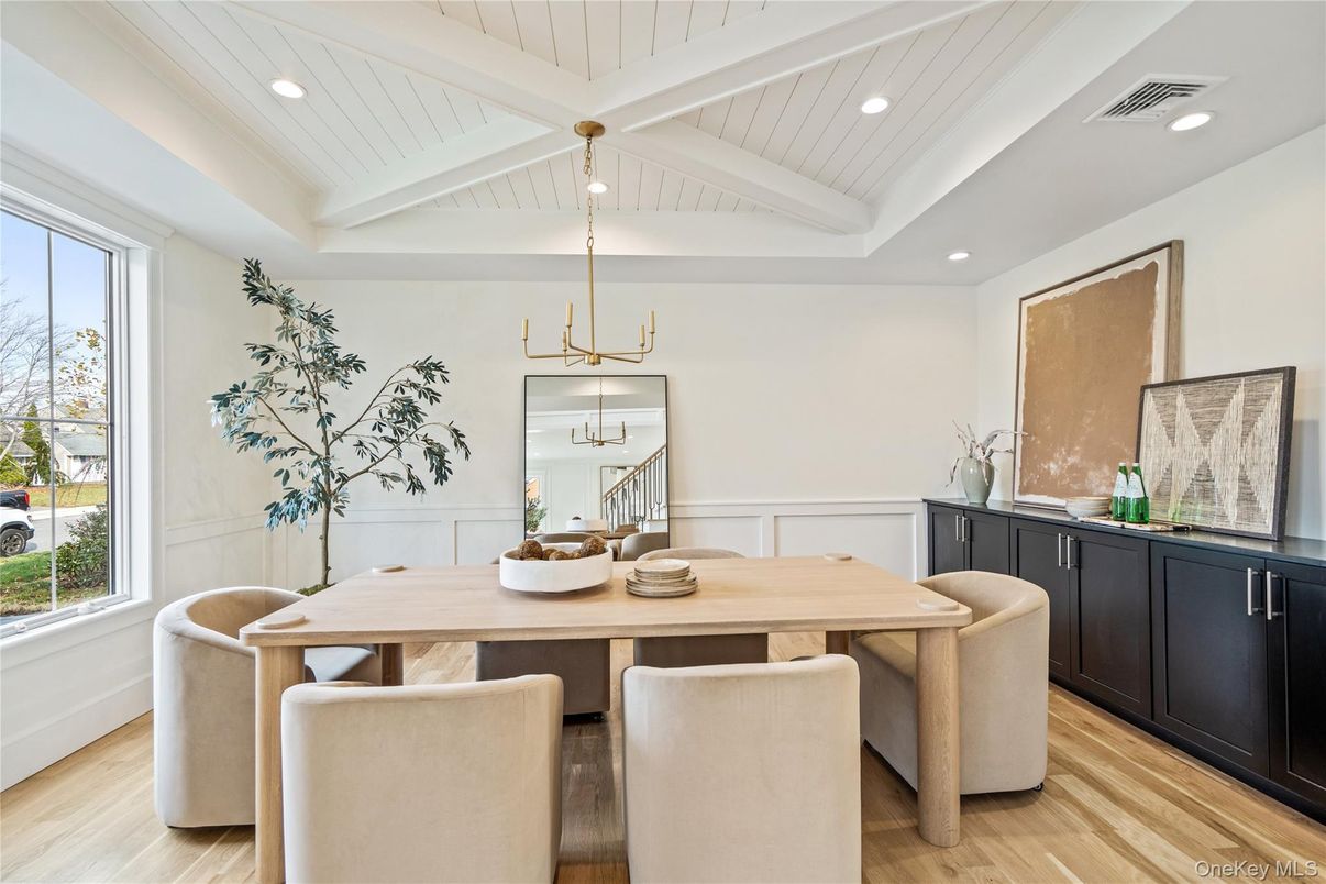 Dining room, Interior, Pendant Lights, Recessed Lighting, Wood Texture Flooring