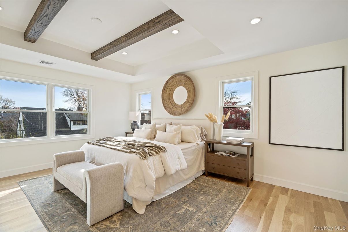 Bedroom, Interior, Recessed Lighting, Wooden Beams, Wood Texture Flooring
