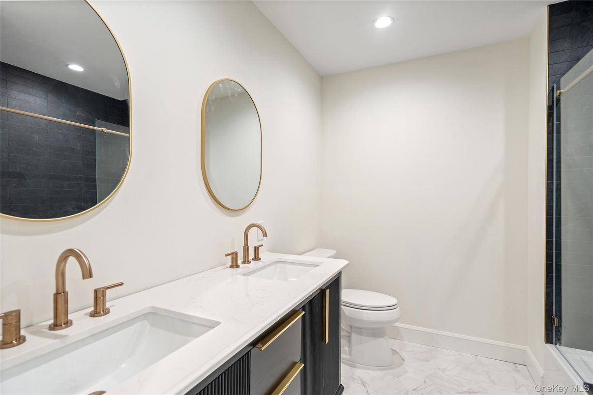 Bathroom, Dual Sink Vanities, Interior, Marble, Recessed Lighting