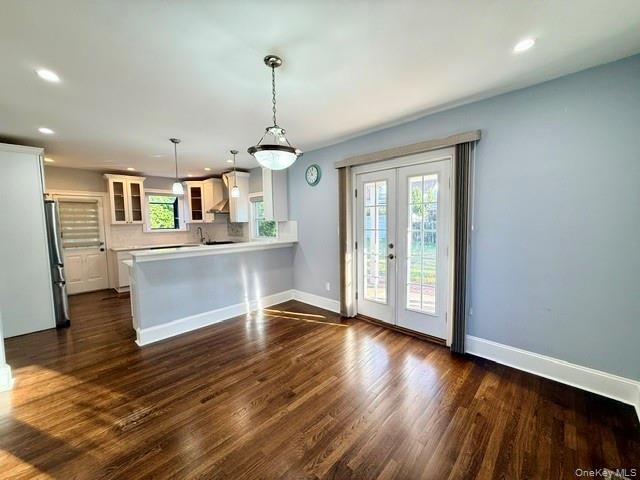 Empty room, Interior, Kitchen, Pendant Lights, Recessed Lighting, Wood Texture Flooring