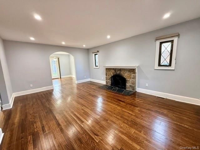 Empty room, Fireplace, Interior, Recessed Lighting, Wood Texture Flooring