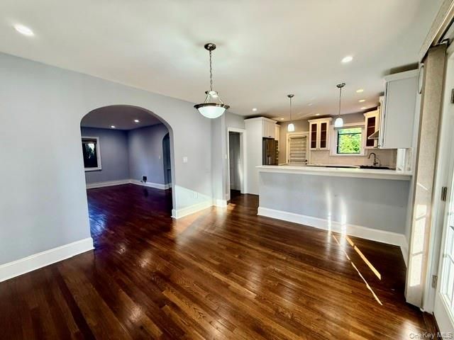 Empty room, Interior, Kitchen, Pendant Lights, Recessed Lighting, Wood Texture Flooring