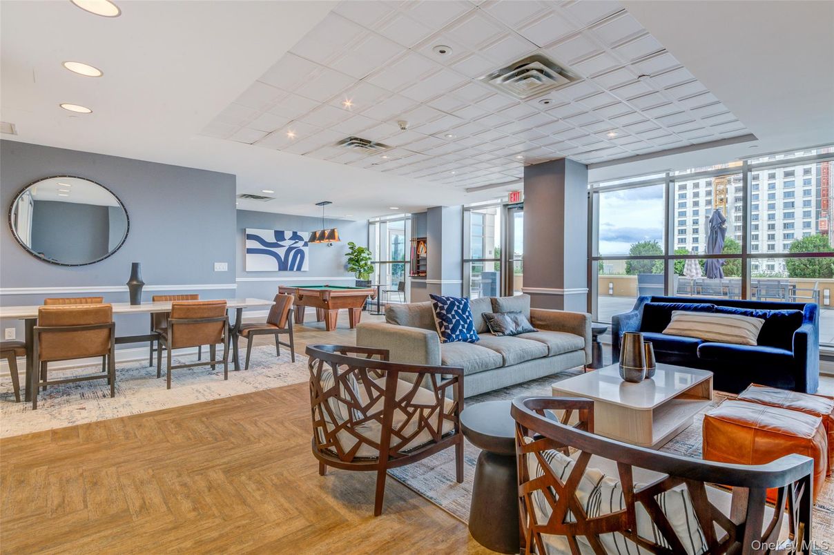 Billiard Table, Dining room, Game Room, Interior, Living room, Pendant Lights, Recessed Lighting, Wood Texture Flooring