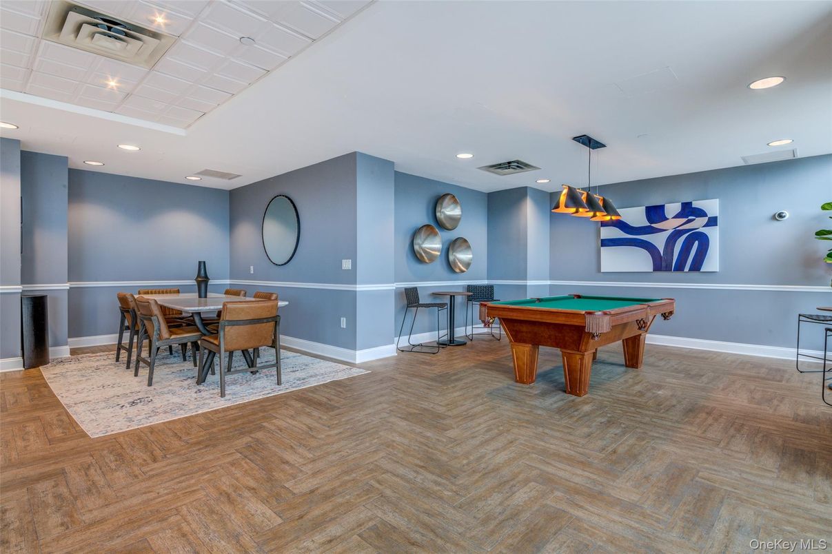 Billiard Table, Dining room, Game Room, Interior, Pendant Lights, Recessed Lighting, Wood Texture Flooring