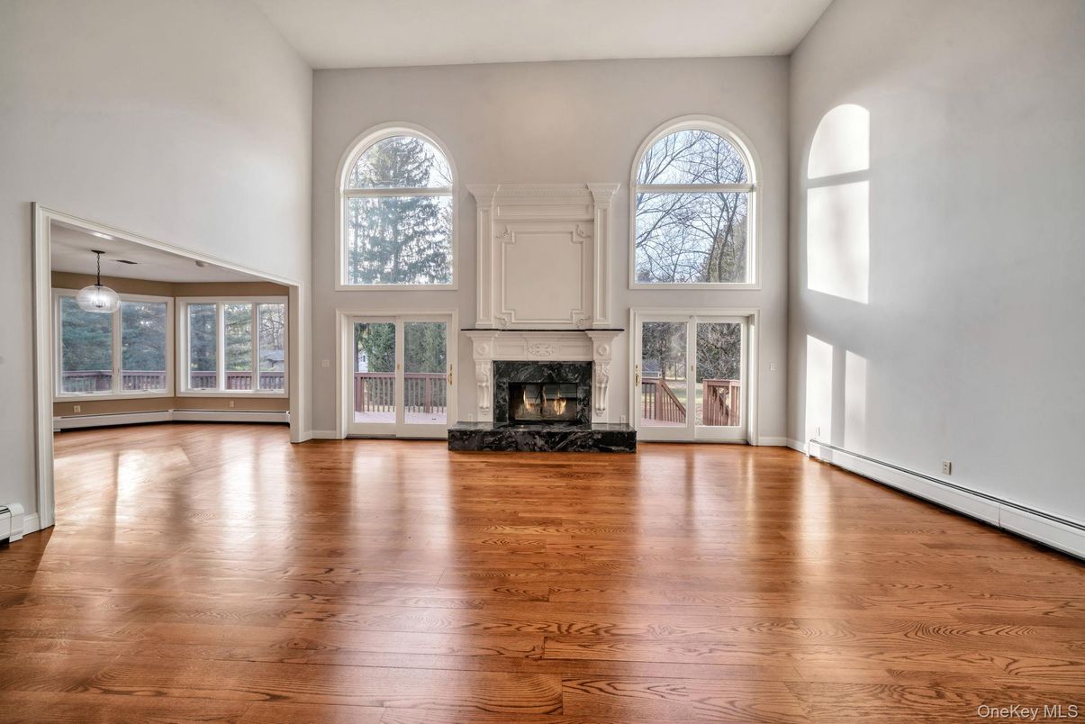 Empty room, Fireplace, Interior, Pendant Lights, Wood Texture Flooring
