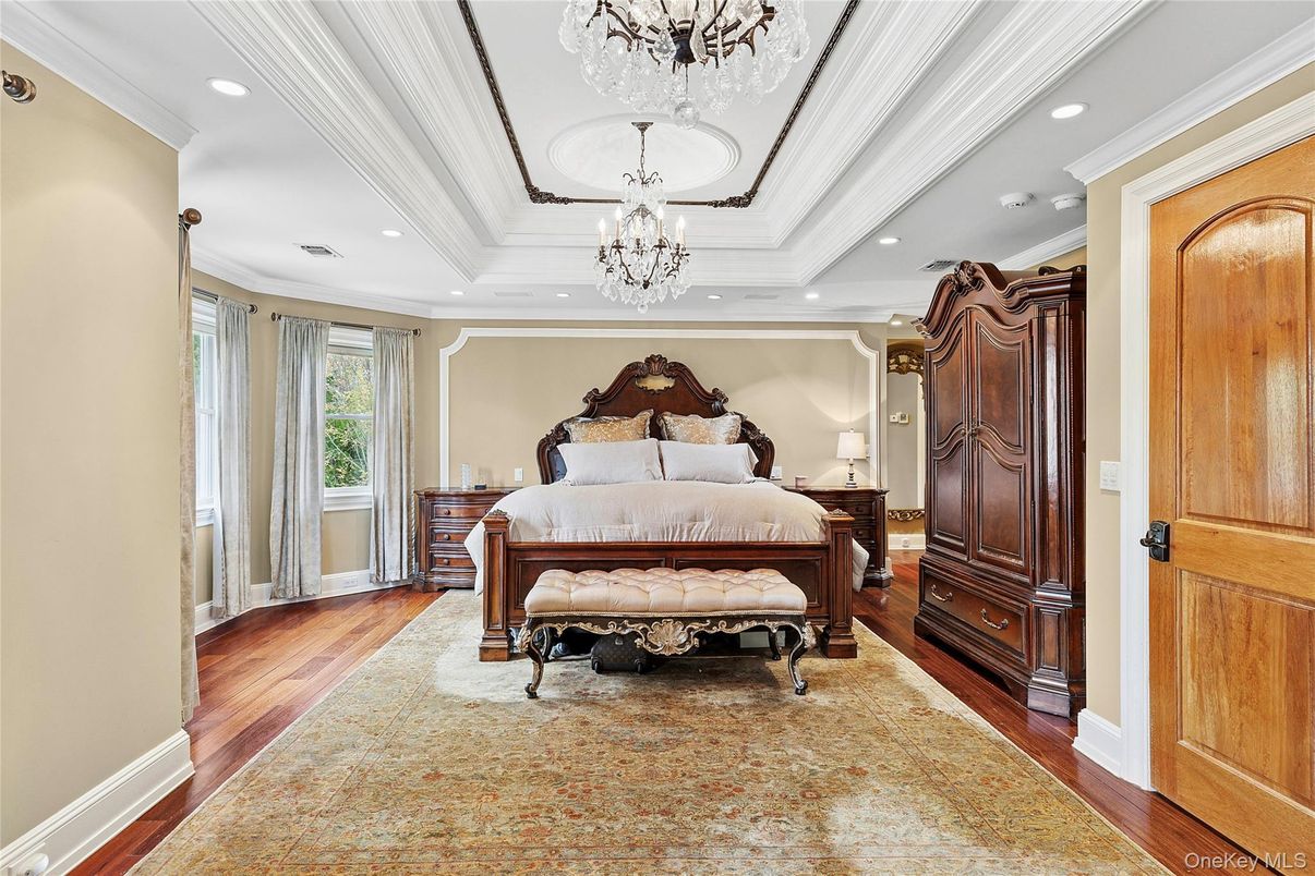 Bedroom, Chandelier, Interior, Recessed Lighting, Wood Texture Flooring