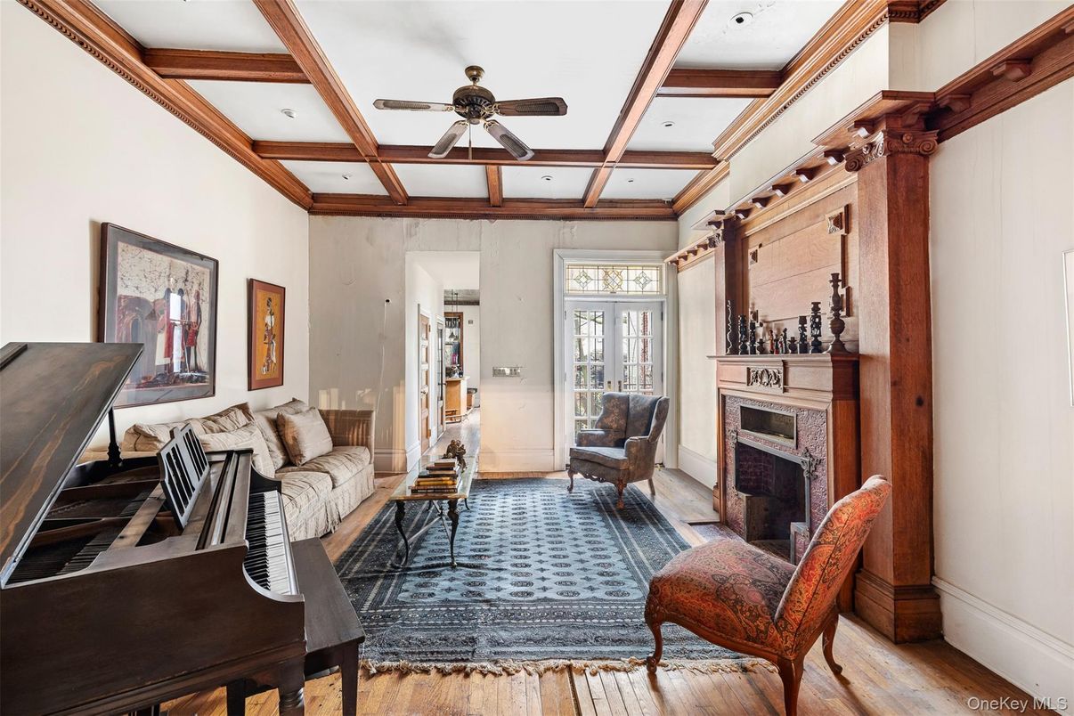 Fireplace, Interior, Living room, Recessed Lighting, Wooden Beams, Wood Texture Flooring