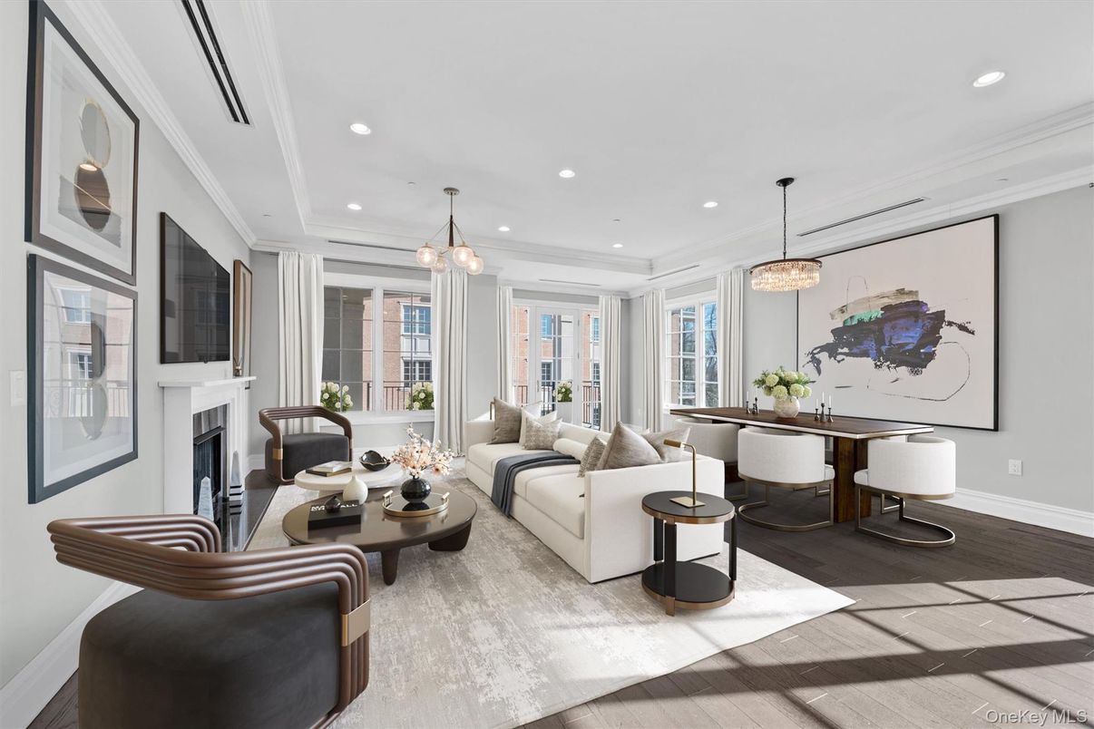 Dining room, Fireplace, Interior, Living room, Pendant Lights, Recessed Lighting, Wood Texture Flooring