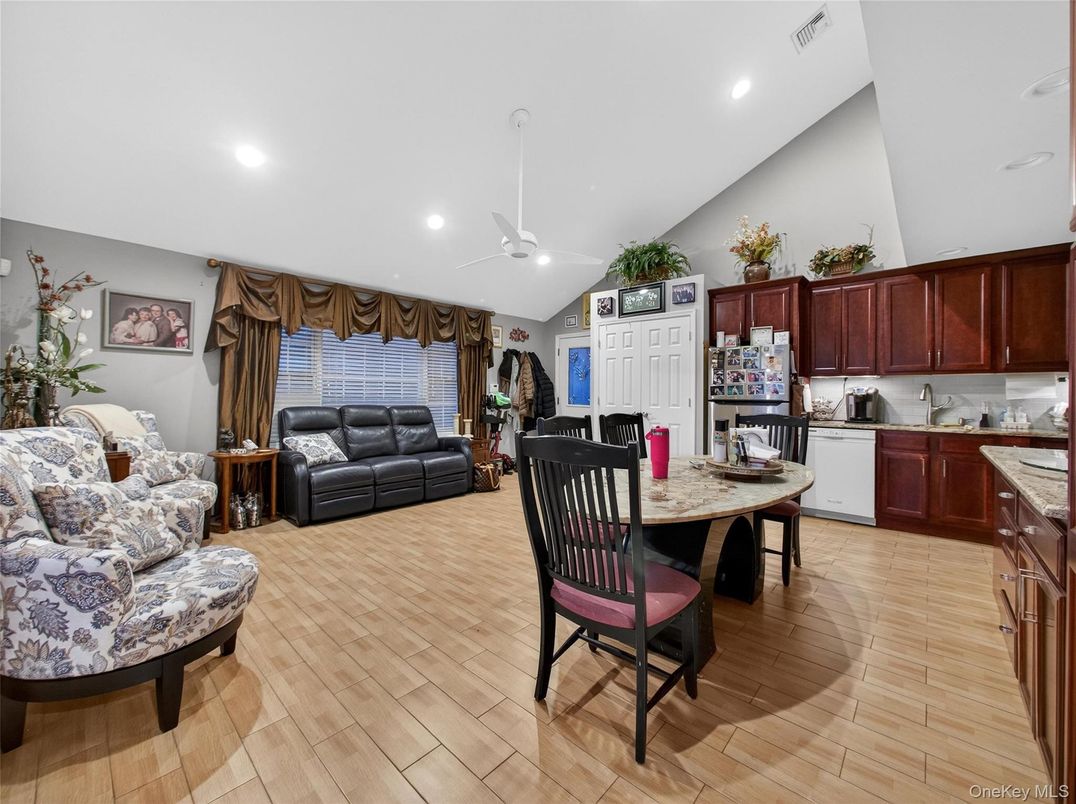 Dining room, Interior, Kitchen, Living room, Recessed Lighting, Wood Texture Flooring