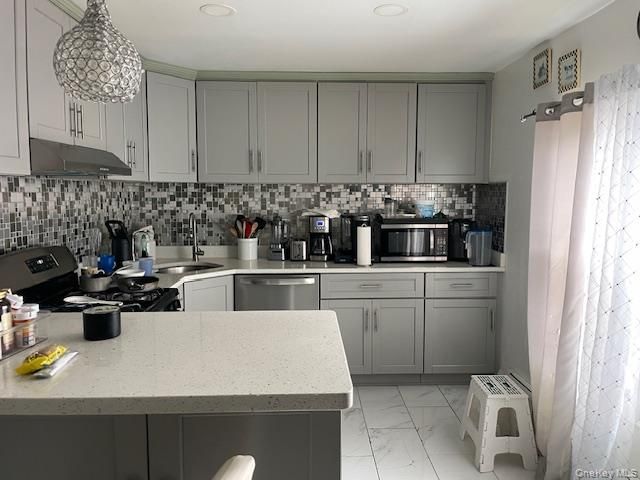 Interior, Kitchen, Marble, Pendant Lights, Recessed Lighting, Stainless Steel Appliances