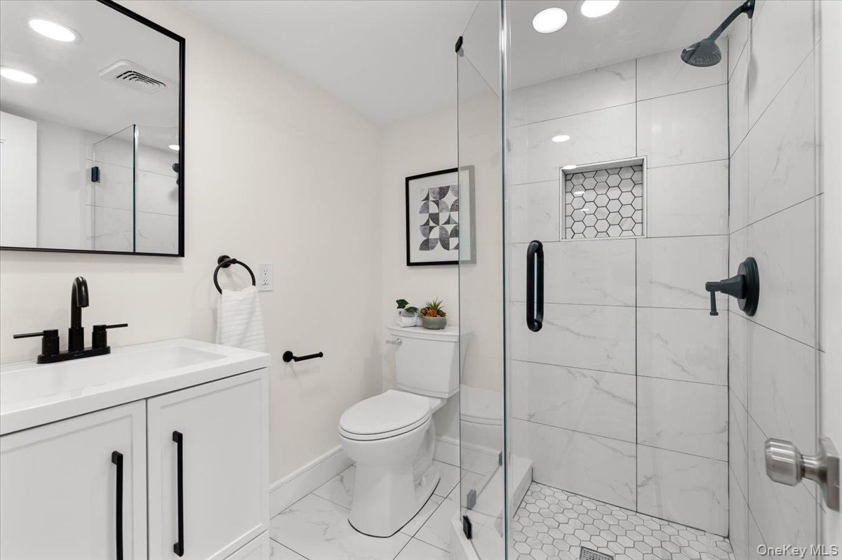 Bathroom, Glass Shower, Interior, Marble, Marble Walls, Recessed Lighting