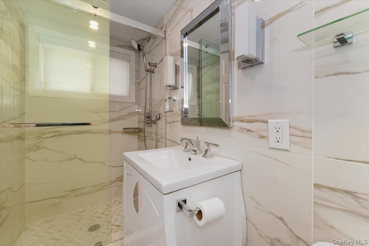 Bathroom, Glass Shower, Interior, Marble Walls, Recessed Lighting