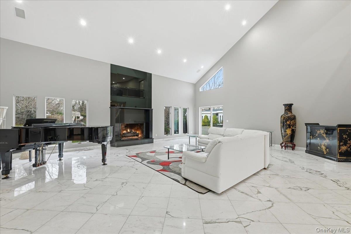Fireplace, Interior, Living room, Marble, Piano, Recessed Lighting