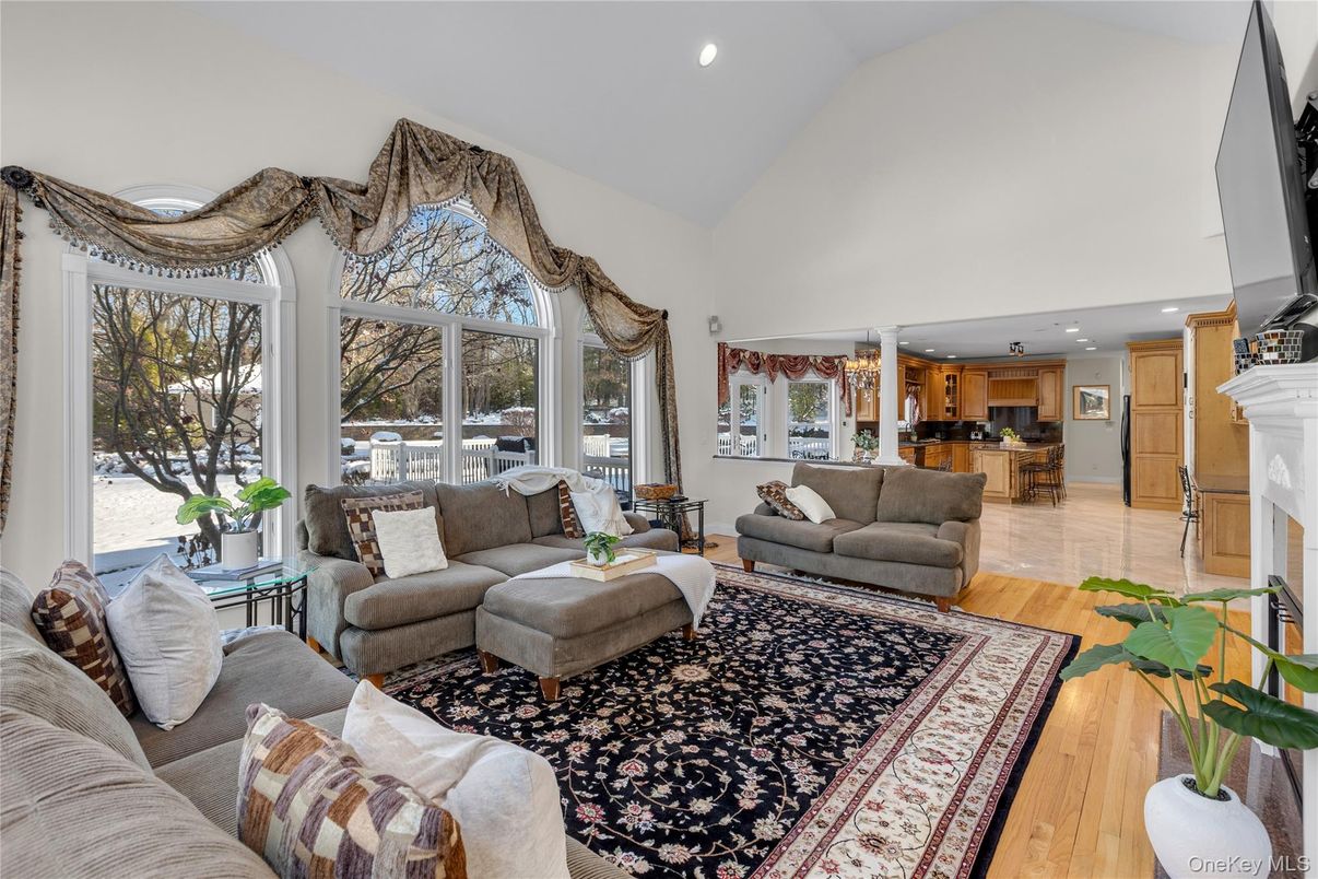 Fireplace, Interior, Kitchen, Living room, Recessed Lighting, Wood Texture Flooring