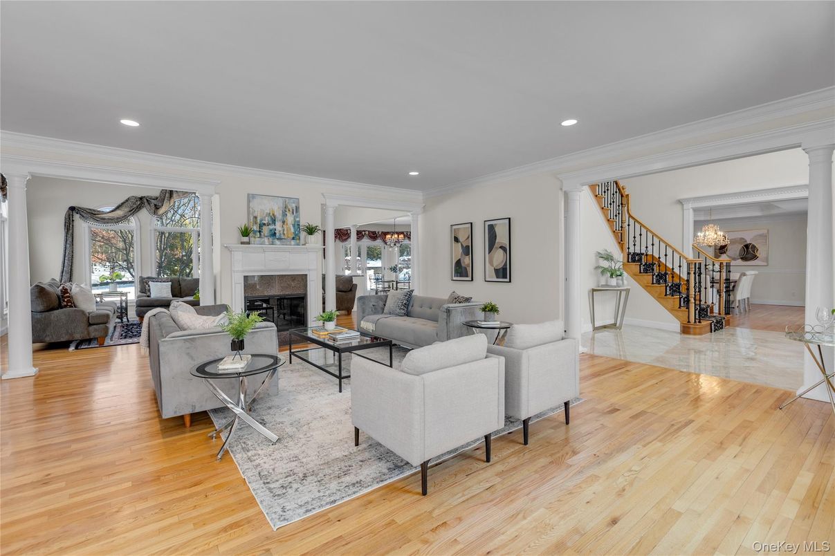 Chandelier, Fireplace, Interior, Living room, Recessed Lighting, Wood Texture Flooring