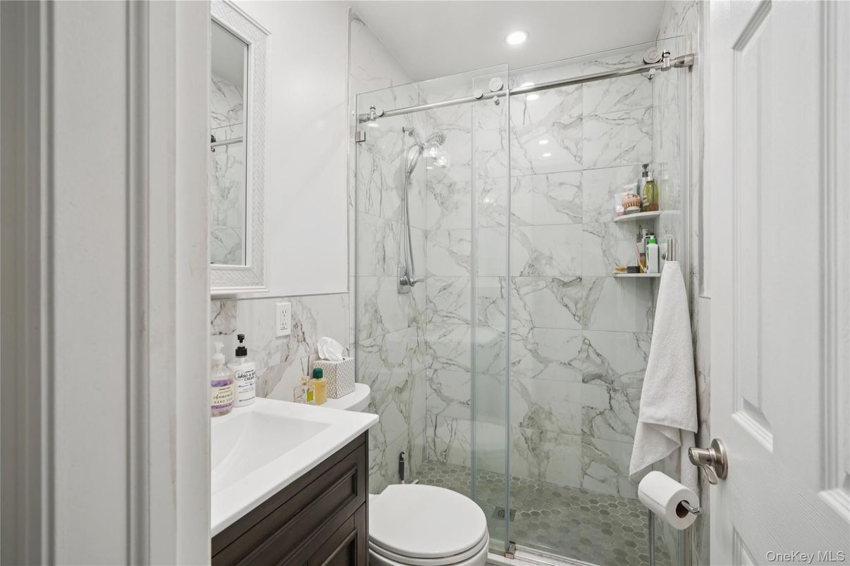 Bathroom, Glass Shower, Interior, Marble Walls, Recessed Lighting