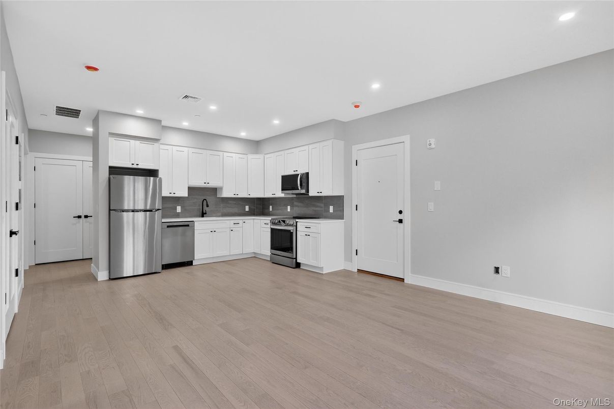 Interior, Kitchen, Recessed Lighting, Stainless Steel Appliances, Wood Texture Flooring