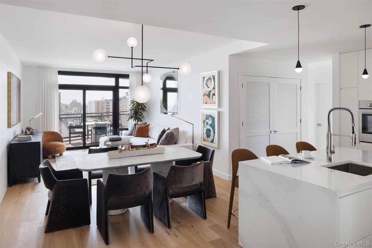Dining room, Interior, Kitchen, Pendant Lights, Wood Texture Flooring