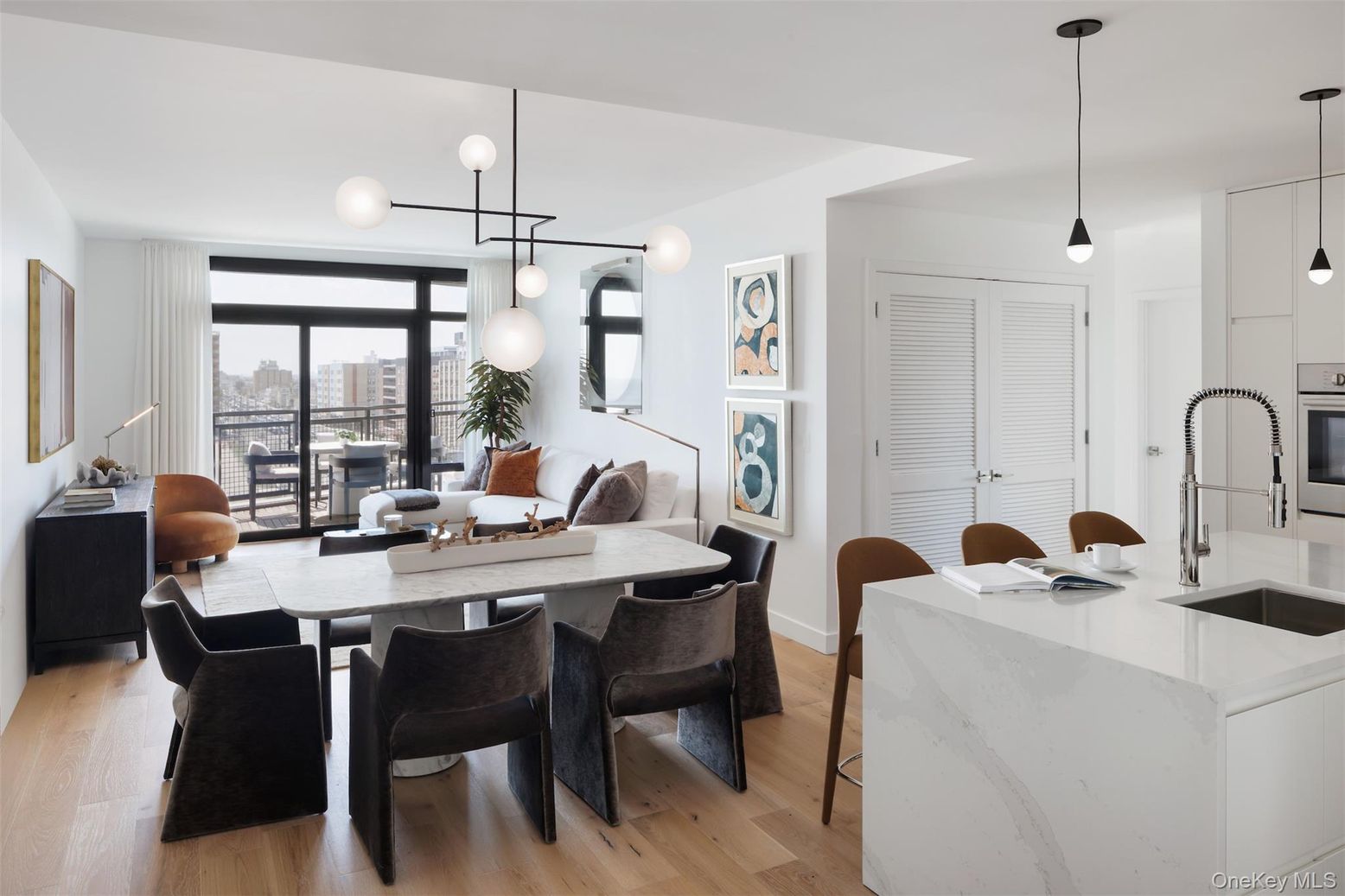 Dining room, Interior, Kitchen, Pendant Lights, Wood Texture Flooring