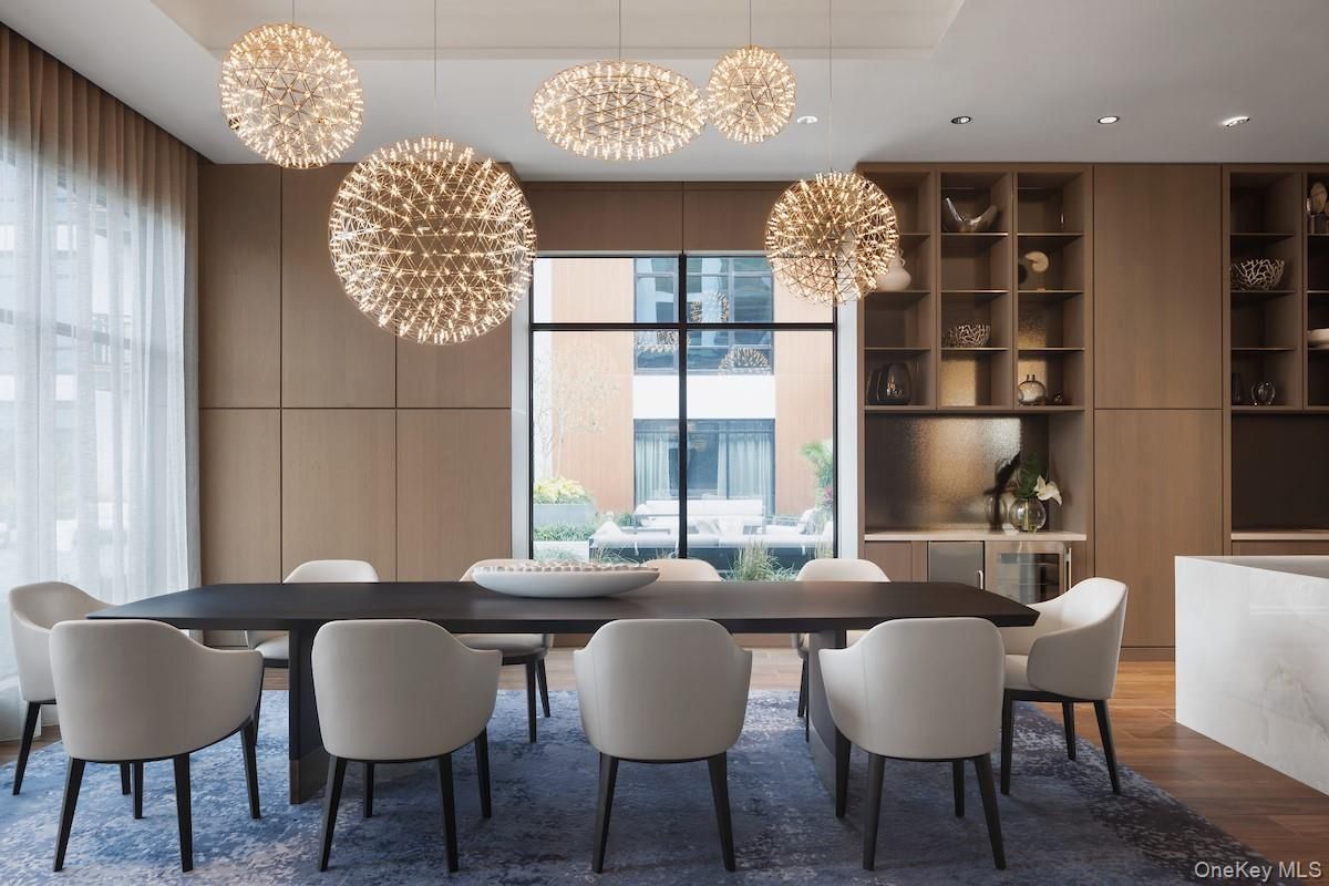 Chandelier, Dining room, Interior, Pendant Lights, Recessed Lighting, Wood Texture Flooring