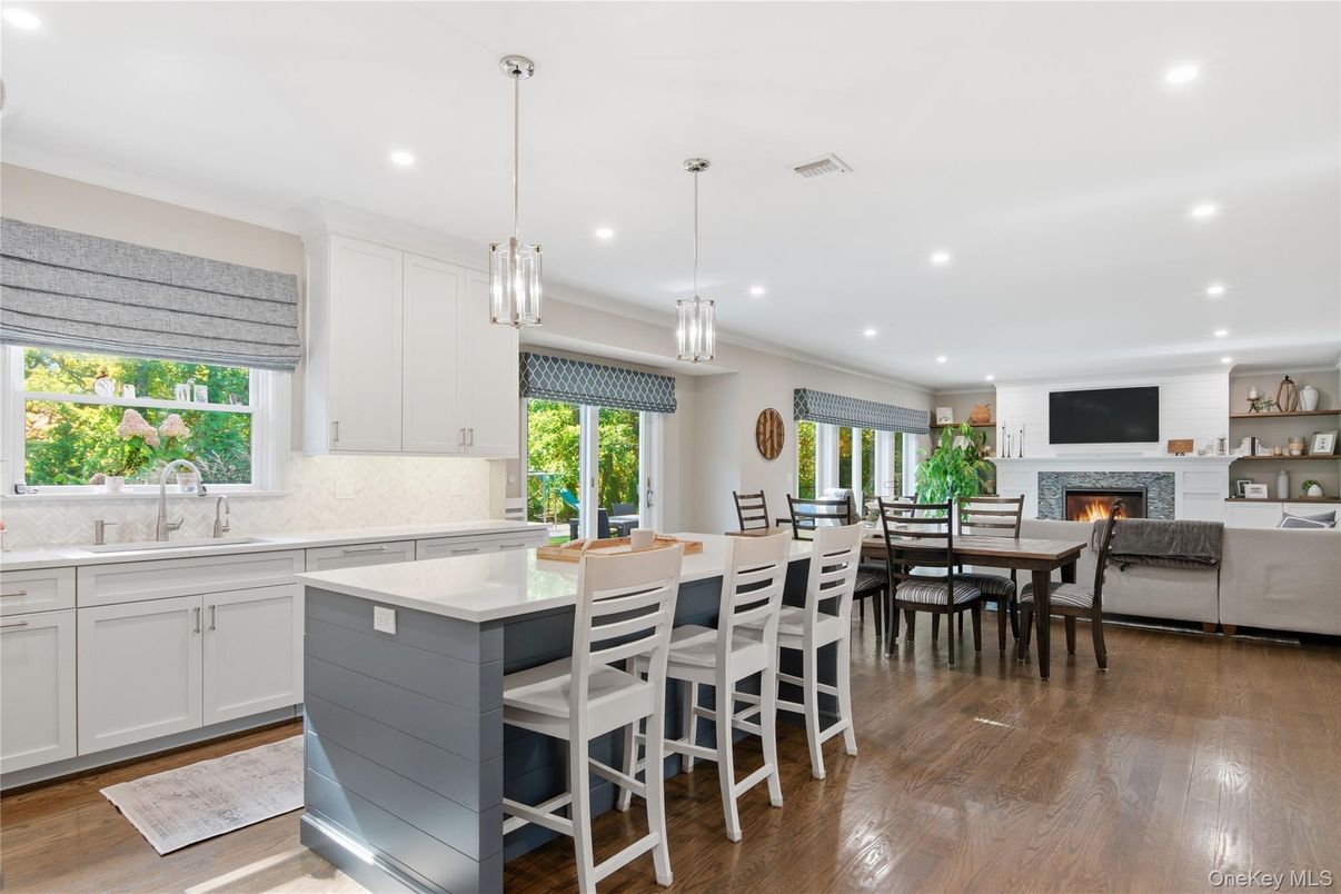 Dining room, Fireplace, Interior, Kitchen, Living room, Pendant Lights, Recessed Lighting, Wood Texture Flooring