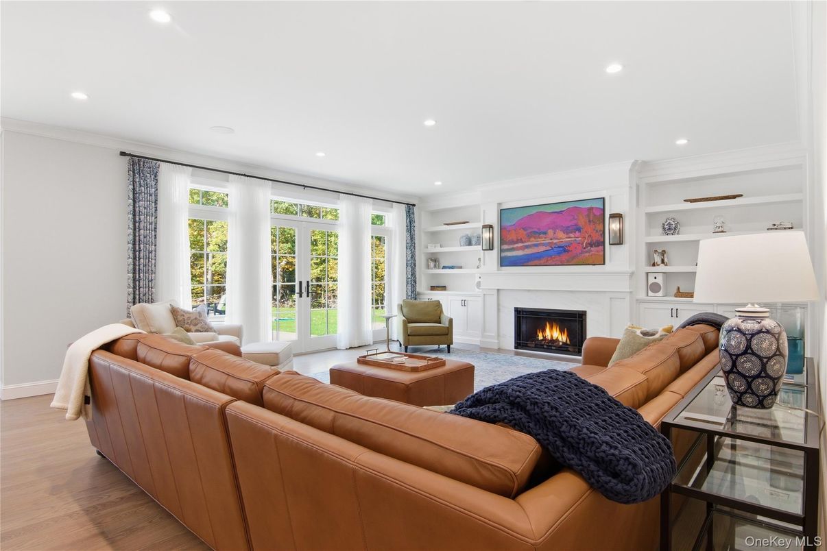 Fireplace, Interior, Living room, Recessed Lighting, Wood Texture Flooring