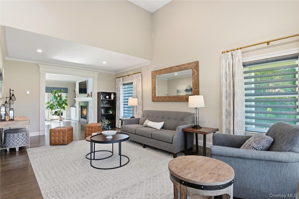 Fireplace, Interior, Living room, Recessed Lighting, Wood Texture Flooring