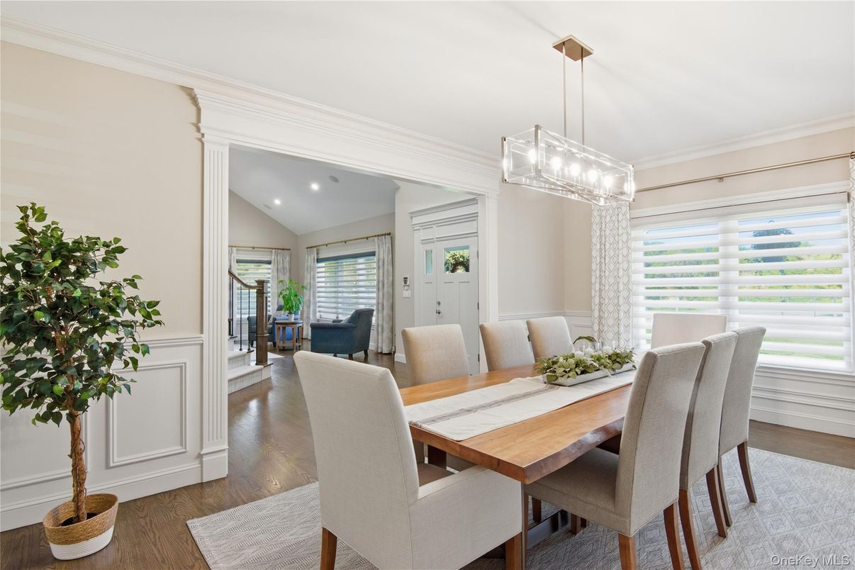 Dining room, Interior, Pendant Lights, Recessed Lighting, Wood Texture Flooring