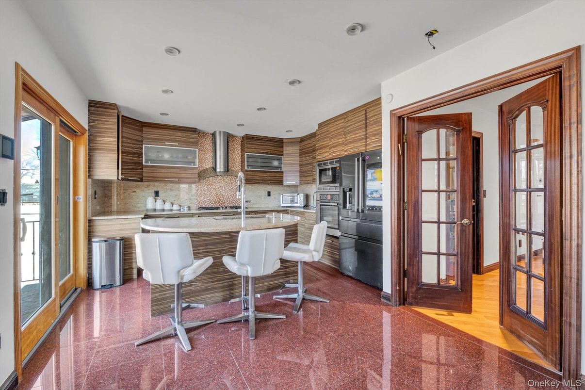 Interior, Kitchen, Recessed Lighting, Stainless Steel Appliances, Wooden Walls