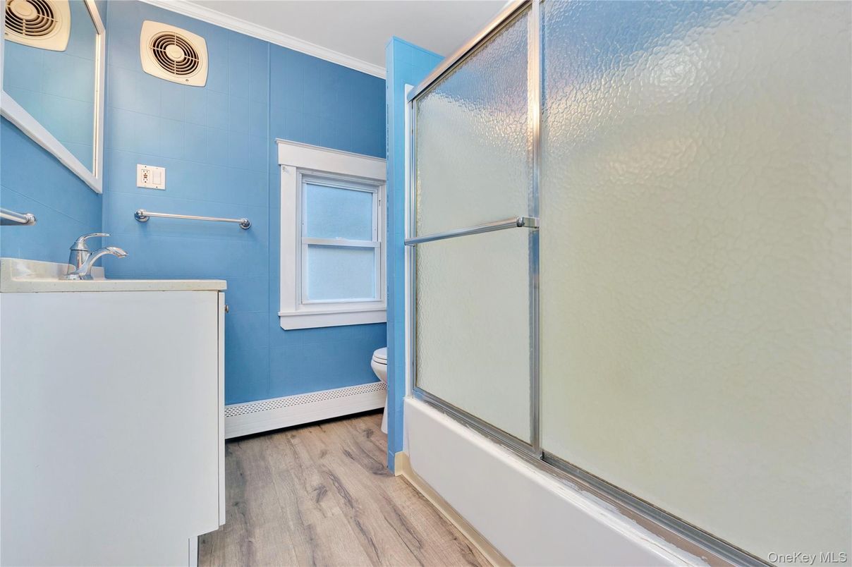 Bathroom, Glass Shower, Interior, Wood Texture Flooring