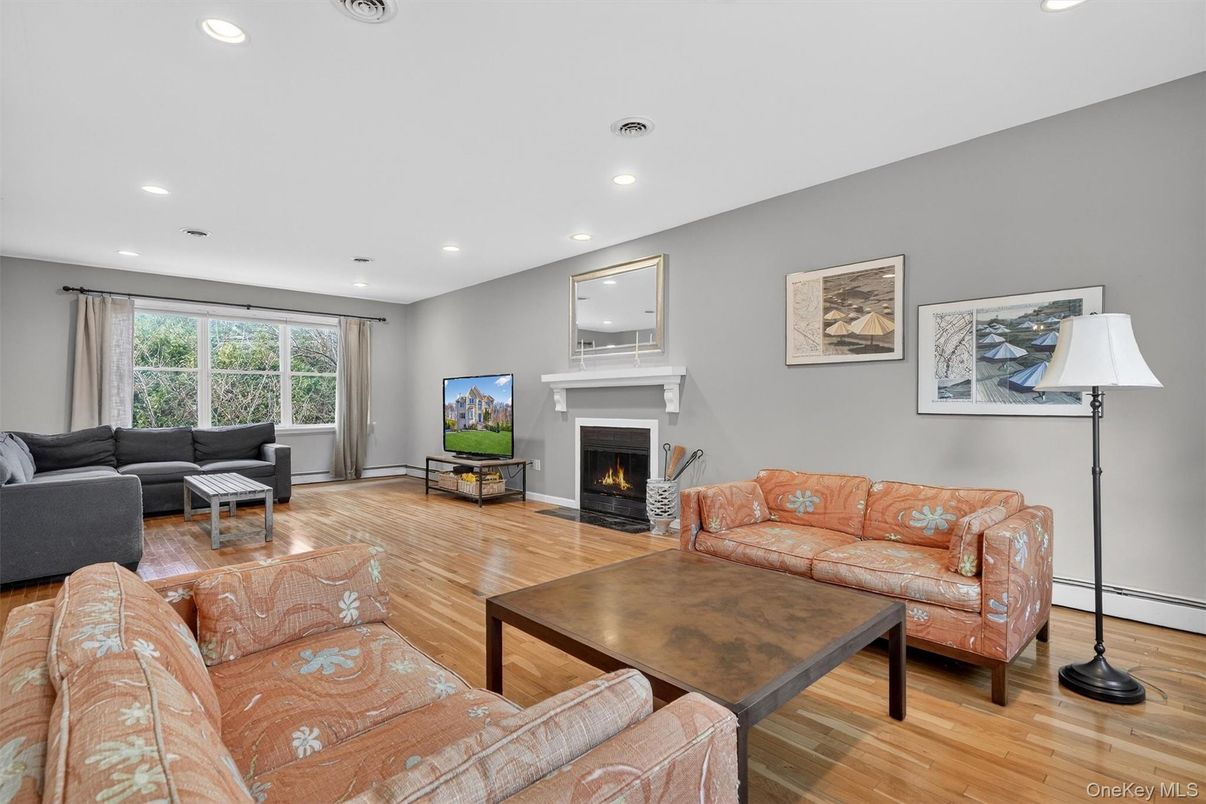 Fireplace, Interior, Living room, Recessed Lighting, Wood Texture Flooring