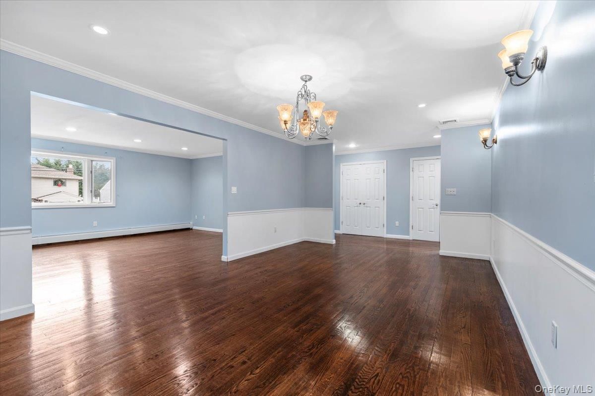 Chandelier, Empty room, Interior, Recessed Lighting, Wood Texture Flooring