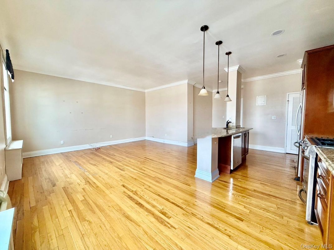 Empty room, Interior, Kitchen, Pendant Lights, Wood Texture Flooring