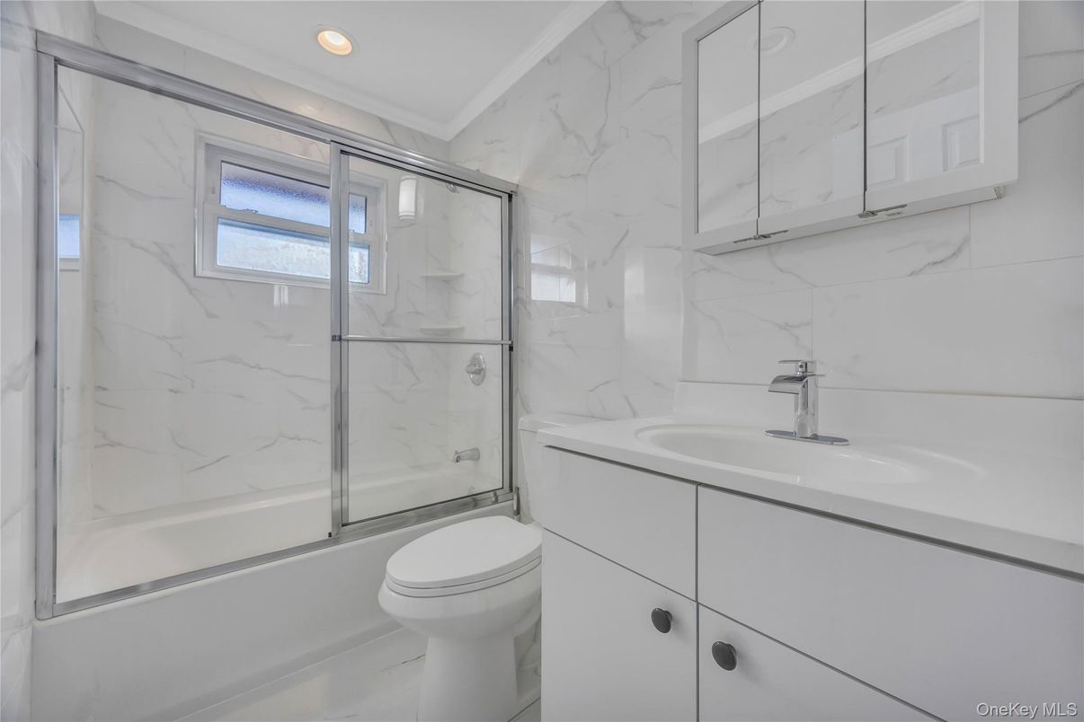 Bathroom, Glass Shower, Interior, Marble Walls, Recessed Lighting