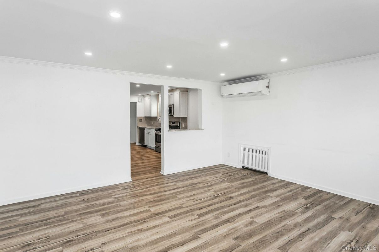 Empty room, Interior, Kitchen, Recessed Lighting, Wood Texture Flooring