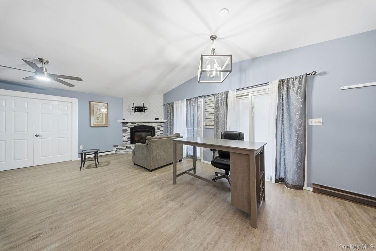 Fireplace, Home Office, Interior, Pendant Lights, Wood Texture Flooring