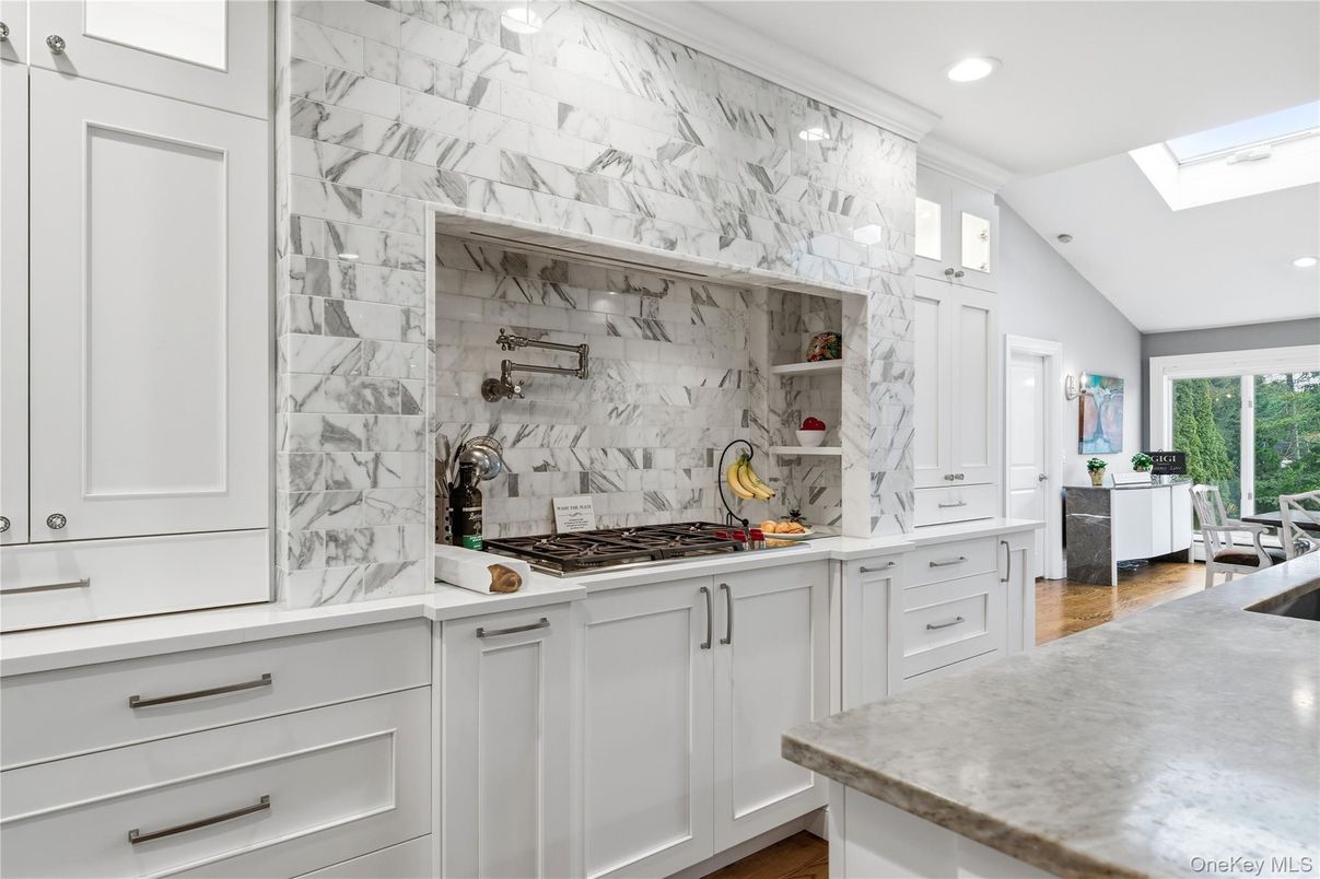 Interior, Kitchen, Marble Walls, Recessed Lighting, Wood Texture Flooring