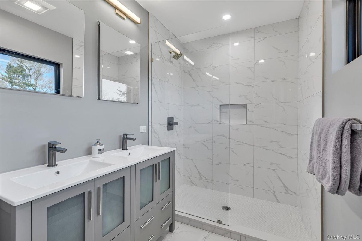 Bathroom, Glass Shower, Interior, Marble, Marble Walls, Recessed Lighting