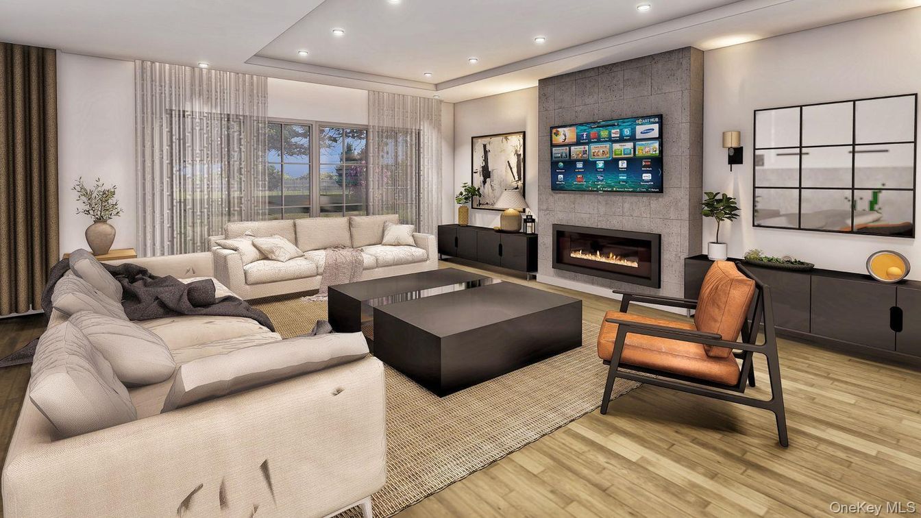 Fireplace, Interior, Living room, Recessed Lighting, Wood Texture Flooring