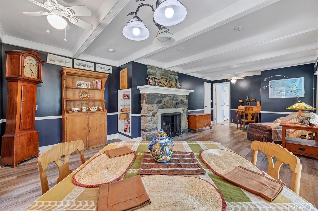 Dining room, Fireplace, Interior, Living room, Wood Texture Flooring